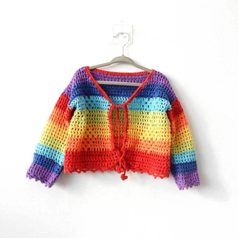 Rainbow Cropped Sweater Girls XL Cardigan Handmade Crochet Bold Open Boho Y2K
